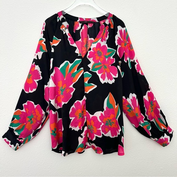 Hazel Anthropologie Floral Blouse Top V-Neck Garden Girl Pink Black Size Large - Picture 3 of 16